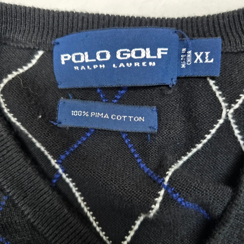 Polo Golf Ralph Lauren Argyle Sweater Vest Mens XL Black‎ Pima Cotton